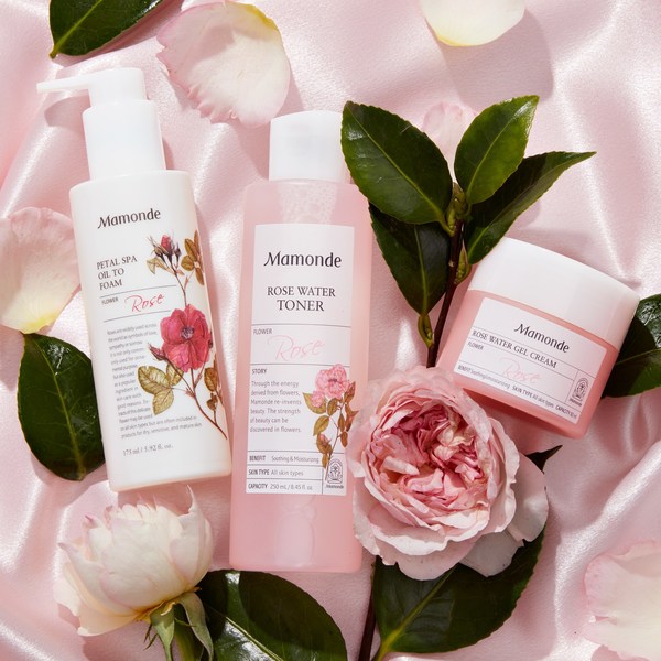 Mamonde's rose-infused trio with fresh-picked Damask roses – the Petal Spa Oil to Foam Cleanser ($21), Rose Water Toner ($23), and Rose Water Gel Cream ($26) – are available on Amazon Premium Beauty store.