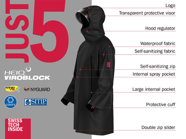 JUST5 by 2A, COATS, HEIQ,  WINDTEX VAGOTEX and SITIP, a multi-functional jacket featuring HeiQ Viroblock technology in all the components. Pre-order on Kickstarter starts on 26 August.