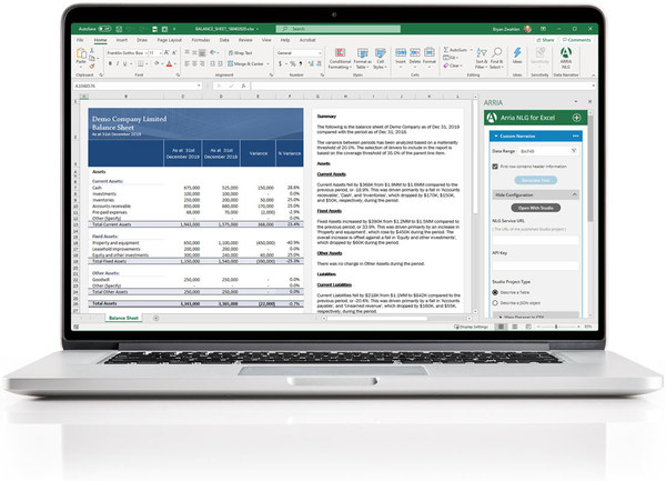 Arria為最廣泛使用的商業分析工具賦予了語言的力量！Arria for Excel讓您能夠立即對Excel電子表格作出敘述、輕松地將其直接導出到Word或PowerPoint、享受及時的財務報告自動化及更多功能！