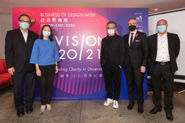 (From left to right) Mr Victor Tsang, Head of CreateHK; Ms Anna Cheung, Director of Service Promotion of Hong Kong Trade Development Council; Prof. Eric Yim, Chairman of Hong Kong Design Centre; Mr Paul McComb, Director of General Trade & Investment at Department for International Trade; and Mr Eric Tong, Head of Advertising of ViuTV kicked-off the BODW 2020 Media Preview held on 3 November.