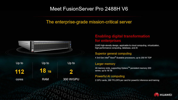 Huawei and Intel jointly launched the next-generation FusionServer Pro 2488H V6 intelligent server.The FusionServer Pro 2488H V6 houses four 3rd Gen Intel® Xeon® Scalable processors in a 2U space, and supports the Intel® Optane™ persistent memory (PMem) 200 series. The server unleashes up to 560 TFLOPS computing power for AI inference and training, fast-tracking the digital transformation of industries.