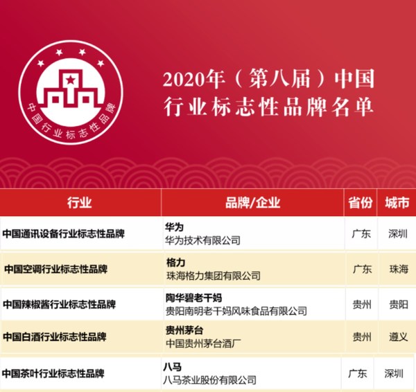 第八届中国行业标志性品牌-名单
