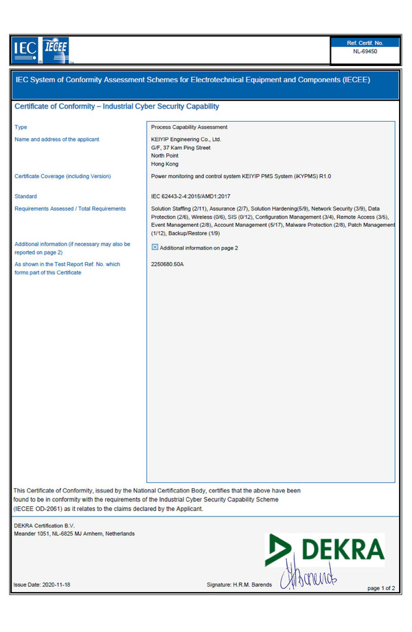 IEC 62443工業網絡安全CB認證證書示例