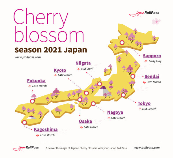 See this illustrated map to discover the approximate dates for when you can enjoy the flowering and full bloom of the sakura cherry blossom in Japan in 2021, from as early as mid-March in the south and east of the country to early May in the northernmost island of Hokkaido.
