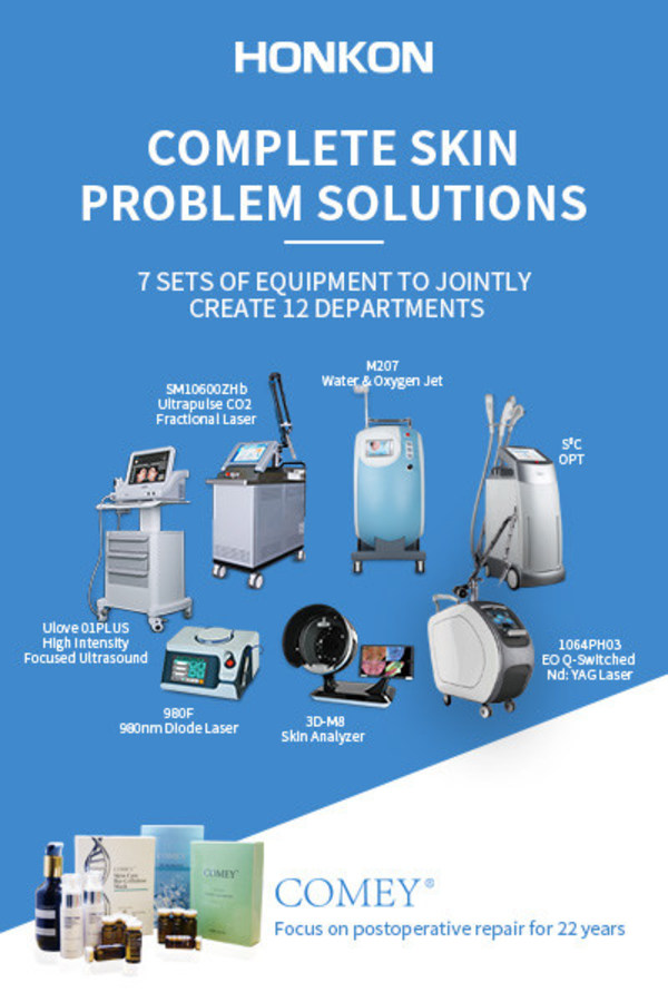 Beijing HONKON offers complete skin problem solutions thanks to the collection of seven machines that include the Skin Analyzer, Water & Oxygen Jet, 980nm Diode Laser, High Intensity Focused Ultrasound and more