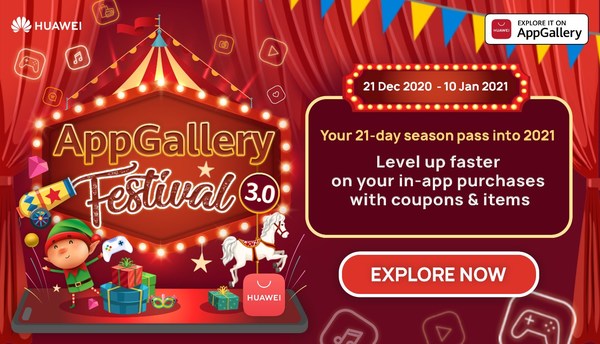Huawei Mobile Services (HMS) today announced the 3rd run of its AppGallery Festival, kicking off from 21 December 2020 to 10 January 2021. This 21-day event is for all Huawei users in Singapore to enjoy a slew of rewards, coupons and physical prizes on HUAWEI AppGallery. In addition, exclusive gifts and deals from HUAWEI Video, HUAWEI Themes and HUAWEI Assistant · TODAY are also up for grabs during the campaign period. Visit https://bit.ly/37zE1Kk to enjoy these exciting offers, rewards and gifts!