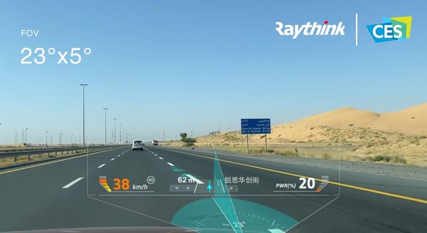 Raythink’s AR HUD solution uses its patented technology - OpticalCore® to a wide-angle field of vision (FOV 23 degrees * 5 degrees @ 900mm eye relief, VID 15m ~ infinity).