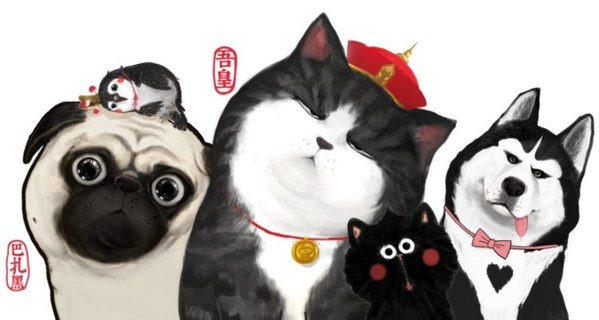 The popular original Chinese cartoon WUHUANGWANSHUI featuring a cat (Wu Huang) and a dog (Ba Zahey), Source: Cup of Cosmo Studio
