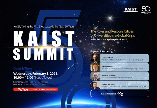 KAIST summit about the Post-COVID Era will be live-streamed on KAIST’s official YouTube channel (https://www.youtube.com/c/KAISTofficial) on February 3, 2021, from 10 a.m. to 12:00 p.m. Korean time (February 2, 7:00-9:00 p.m. CST and 8:00-10:00 p.m. EST, respectively)