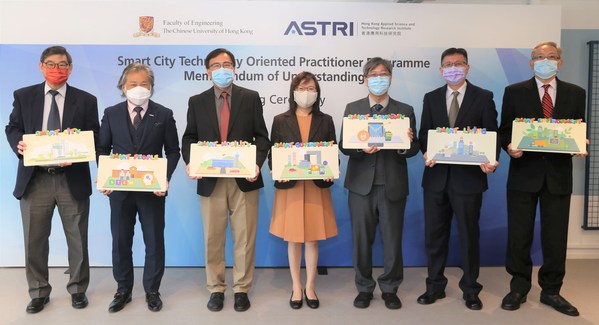 (From Left) Professor Kwong Sak Leung, Associate Director, Institute of Future Cities, CUHK; Dr Martin Szeto, Acting Co-CEO cum Chief Operating Officer, ASTRI; Professor Martin D. F. Wong, Dean, Faculty of Engineering, CUHK; Ms Rebecca Pun, JP, Commissioner of Innovation and Technology; Dr Lucas Hui, Acting Co-CEO cum Chief Technology Officer, ASTRI; Professor Jimmy Lee, Associate Dean (Education), Faculty of Engineering, CUHK; and Professor Chun Kwong Chan, Programme Director, MSc Programme in Fintech, CUHK attend the MoU Signing Ceremony for Smart City Technology Oriented Practitioner Programme.