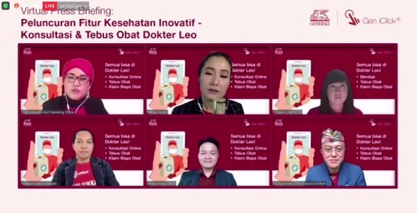 Starting from upper left: Vivin Arbianti (CMO Generali),Melissa Karim (Moderator), Jutany Japit (COO Generali), Natali Ardianto (CEO Lifepack), James Roring (CEO Prixa), and Edy Tuhirman (CEO Generali) in Virtual Press Conference of the prescription medication purchase and delivery feature in Dr Leo, Gen iClick App by Generali.