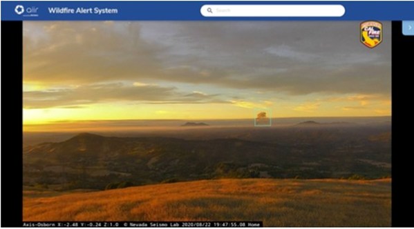 Forest fire smoke detected (in the blue box) in Osborne, California by Alchera’s AI, taken during the bidding period in August 2020.