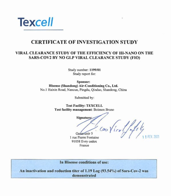Texcell has verified the inhibitory effect on the novel coronavirus (SARS-CoV-2) of Hisense’s HI-NANO technology.