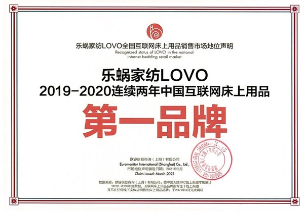 再获殊荣：乐蜗家纺LOVO再夺2020年中国互联网床上用品第一品牌