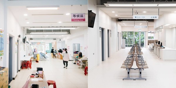 Gambar di sebelah kiri menunjukkan pusat kesihatan awam tradisional di Taiwan; gambar di sebelah kanan ialah pusat kesihatan awam yang direka bentuk semula oleh TDRI.