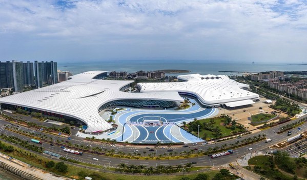 An aerial photo taken on April 30, 2021, shows the Hainan International Convention and Exhibition Center in Haikou, South China's Hainan province. [Photo/New Hainan App]