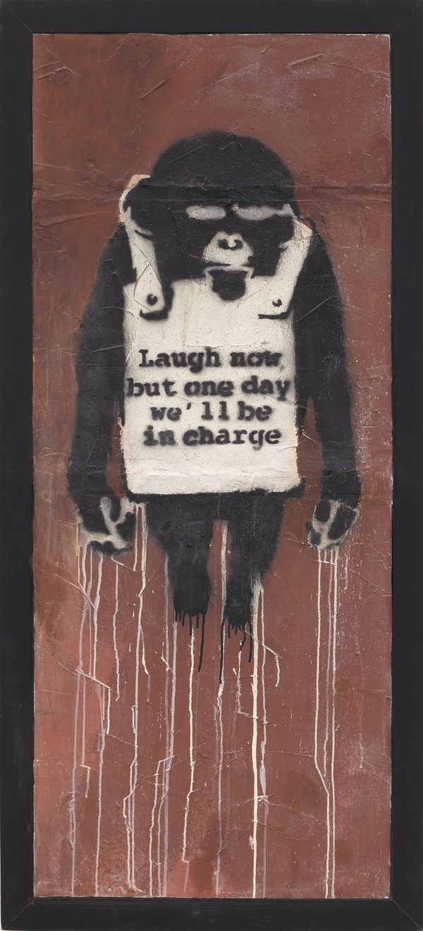 Banksy - Laugh Now Panel A, 2002. spray paint and emulsion on dry wall, 178.5 x 74 cm. Estimate: HK$22,000,000 – 32,000,000/ US$ 2,820,000 - 4,100,000