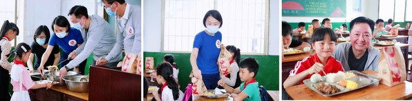 百胜中国的代表为孩子们分发餐点