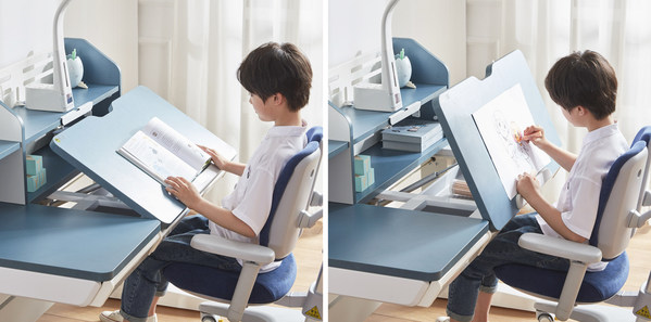 护童第4代吉象电动学习桌阅读（左）、绘画（右）桌面倾斜角度