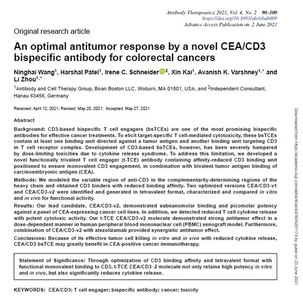 博安生物在《Antibody Therapeutics》期刊发表CEA/CD3双抗研究成果