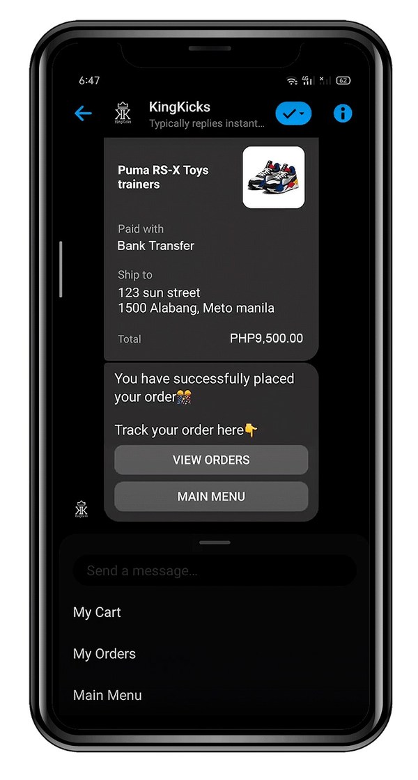 An example of a transaction made via bank transfer on a chat messenger