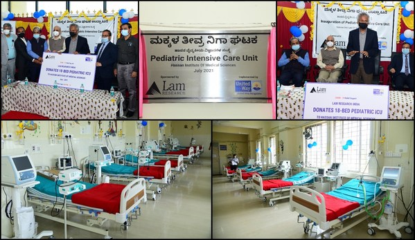 Krishnan Shrinivasan, VP and Managing Director - Lam Research India hands over the 18-bed pediatric ICU to the Deputy Commissioner R. Girish, Krishnamurthy V.R., Medical Superintendent of HIMS and Dr. Ravikumar B.C., Director at Hassan Institute of Medical Sciences