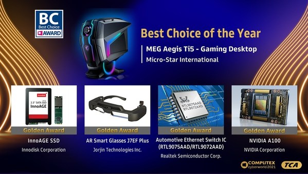 The Best Choice of the Year Award winner: MSI MEG Aegis Ti5 Gaming Desktop with the 4 winners of the Golden Award: Innodisk InnoAGE SSD, Jorjin AR Smart Glasses J7EF Plus, Realtek Automotive Ethernet Switch IC, and NVIDIA A100. Although the products have different applications in different industries; they all showcase innovation and technological excellence as well as possessing great market potential.
