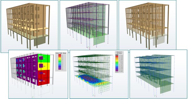 Various views of a multi-story hybrid mass timber building in S-FRAME’s S-TIMBER software, including (clockwise): object view, FEA view, framing view, design utilization results, floor strip-line results, deformed structure.
