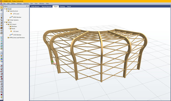 This timber model shows curved glulam column and beam design capabilities in S-FRAME’s S-TIMBER software.
