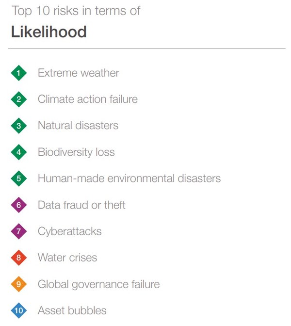 可能性最大的十大风险 来源：《世界经济论坛2020全球风险报告》