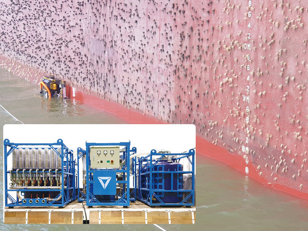 Hull Cleaning Robot cleaning ship’s surface. On the left is the filtration system which cleans microorganisms and microparticles in 3 stages