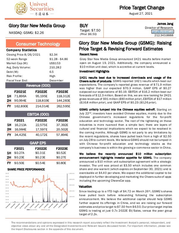 Univest Securities Publishes Updated Research Report on Glory Star and Raises Price Target to $7.50