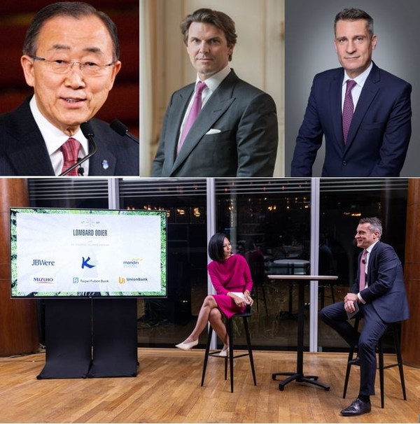 Lombard Odier leads net zero conversation with former UN leader Ban Ki-moon and its six strategic alliances, hosted by Bloomberg's Chief International Correspondent for South East Asia Haslinda Amin. Speakers include (left to right): Former United Nations Secretary-General Ban Ki-moon as keynote speaker, Lombard Odier's Senior Managing Partner Hubert Keller and Limited Partner and CEO, Asia Vincent Magnenat.