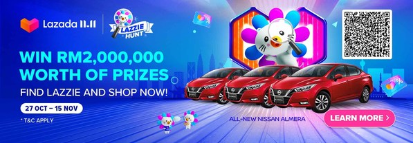 Lazada’s signature annual shopping festival, the 11.11 Biggest One-Day Sale, offers over RM2,000,000 worth of prizes and the chance to win three all-new Nissan Almera Turbo cars.