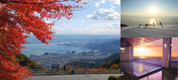 左側：將迎來紅葉季節的世界遺產「延曆寺」。右上：在冬季則會搖身一變成為滑雪場「琵琶湖山谷」。右下：關西少數名湯之一「雄琴溫泉」。