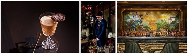 L-R: New York-inspired cocktail, A Settled Trader; The Violet Hour ritual; hand-painted mural at The St. Regis Macao
