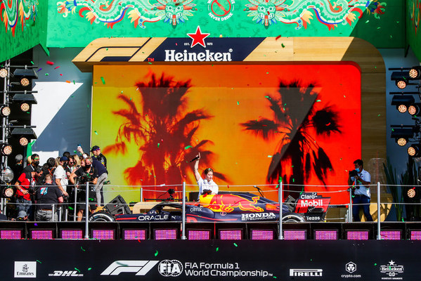MEXICO CITY, MEXICO - NOVEMBER 07: Heineken®️ put on a unique performance with renowned Norwegian DJ, songwriter and producer Kygo on the podium during the F1 Grand Prix of Mexico at Autodromo Hermanos Rodriguez on November 07, 2021 in Mexico City, Mexico. (Photo by Peter Fox/Getty Images)