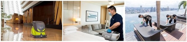 (L-R): An autonomous cleaner deployed to clean the hotel lobby; staff using the latest electrostatic spray technology to disinfect air and surfaces in rooms; safety management measures in place at Sands SkyPark Infinity Pool