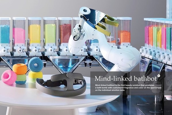 Amorepacific's award-winning Mind-linked Bathbot analyzes human emotions through brain wave signals and instantly makes a bath bomb with the color and fragrance being selected based on the results of the analysis.