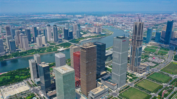An aerial photo of the CBD of the Tianjin Pilot Free Trade Zone, Binhai New Area, Tianjin.