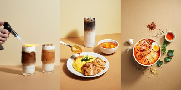 从左至右依次为：椰香咖啡拿铁/椰香红茶拿铁、香辣咖喱鸡蛋包饭、椰香鲜辣叻沙