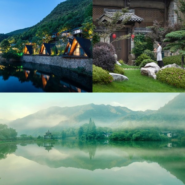 诸暨芳草地度假酒店（左上）、上饶悦麓观堂（右上）、杭州富春方外酒店（下）