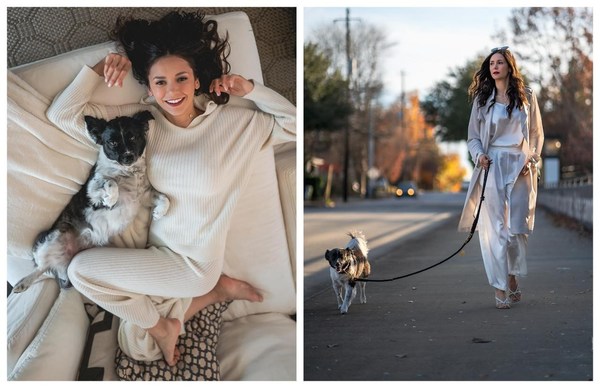 Nina Dobrev Wears Chic and Cozy LILYSILK Outfits while Snuggling with Her Dog Maverick on Instagram