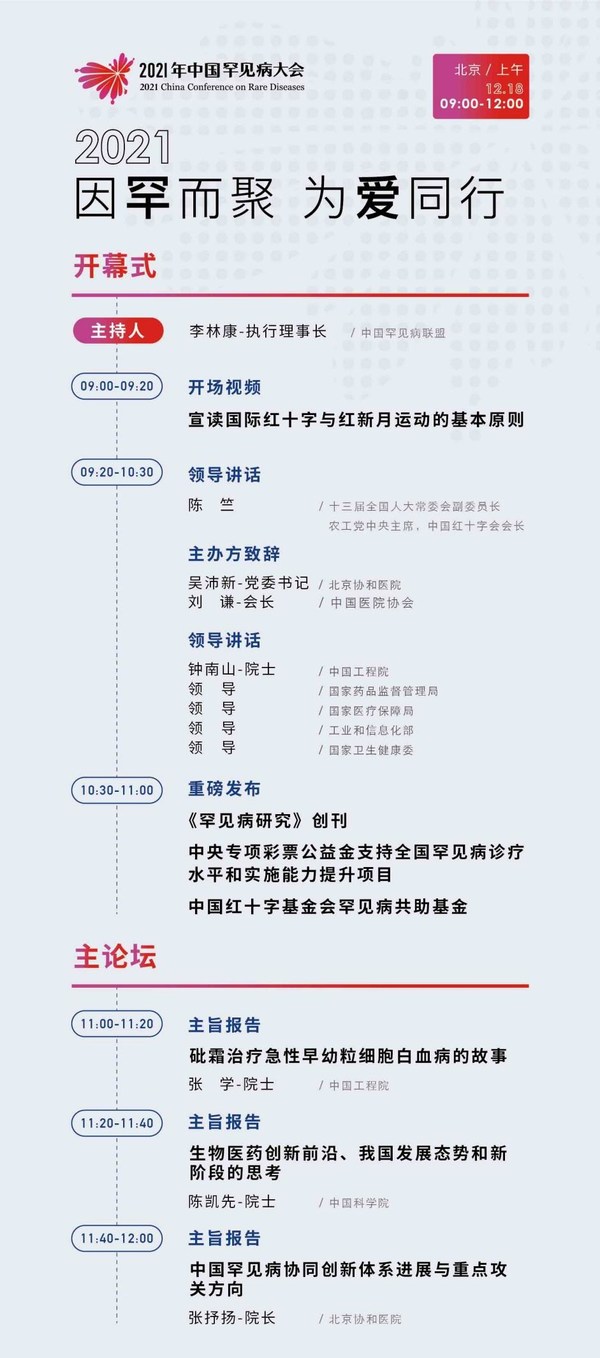 2021年中国罕见病大会主论坛日程公布（以大会手册为准）