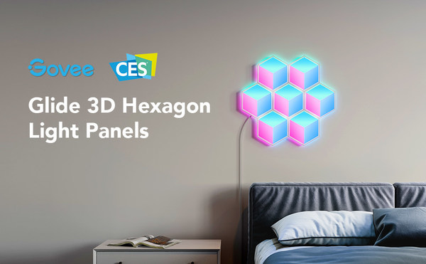Govee Glide 3D hexagon light panels create 3D RGBIC lighting effects in the indoor space.