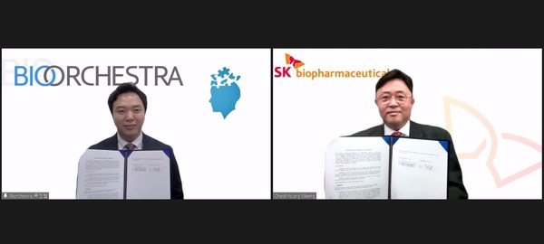 Left: Branden Ryu(Chief executive officer at BIORCHESTRA), Right: Cheol-Young Maeng (Head of R&D Division at SK Biopharmaceuticals)