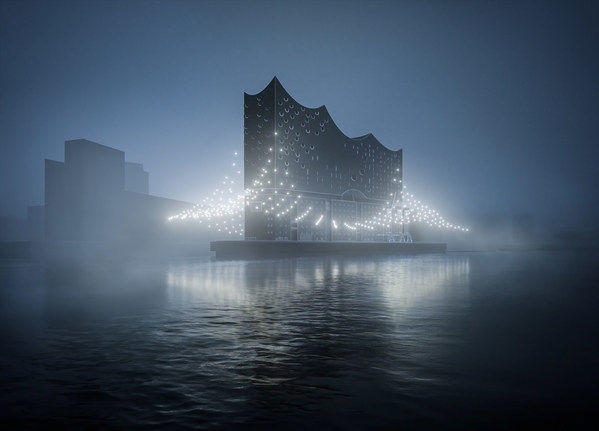 拟于2022年4月28日汉堡国际音乐厅期间发布荷兰艺术家组合DRIFT在为易北爱乐音乐厅量身定做的灯光艺术品：“破浪”的效果图 照片版权：moka-studio