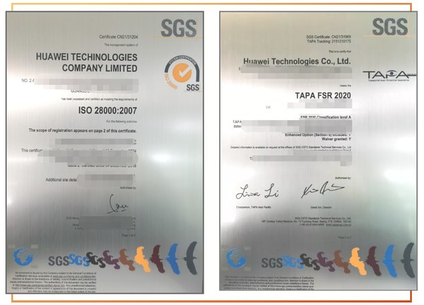 SGS：华为终端BG顺利通过ISO 28000及TAPA FSR A级认证