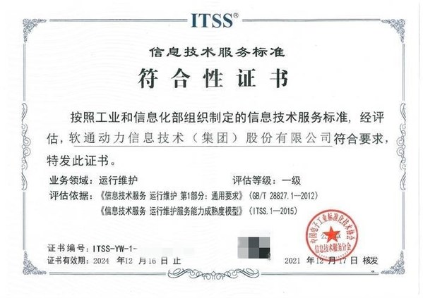喜报 ▏ 软通动力荣获ITSS运维服务能力成熟度一级证书