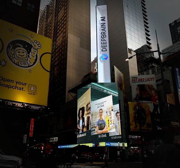 AI Clerks and other use cases of DeepBrain AI's AI Human solution being presented on a Time Square Billboard.